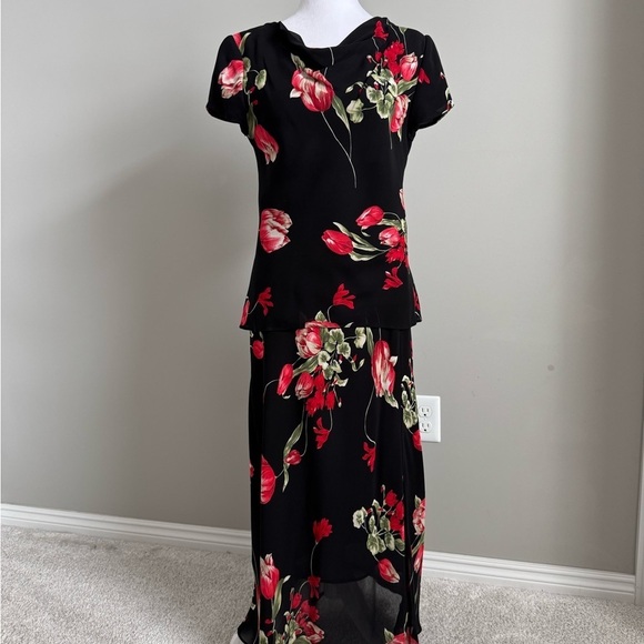 Talbots Vintage Black Tulip Floral 2 pc. Skirt Dress Set - Picture 1 of 10